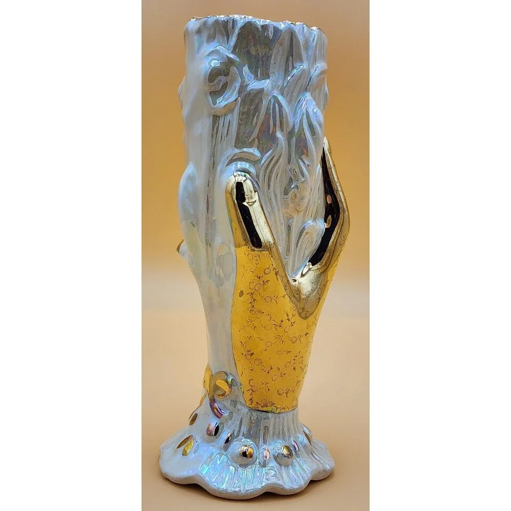 Vintage RARE 22K Gold Lace Glove Holding LUSTERWARE Opalescent Sculptured Vase